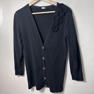 J. Crew Cardigan Womens Medium Black Sweater Floral Applique Preppy Academia